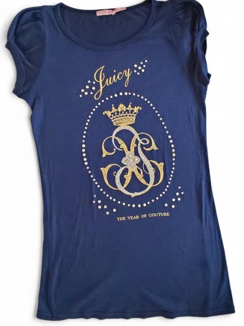 VTG Juicy Couture Navy Blue Graphic Tee Puff Sleeve Rhinestone Crown Size S